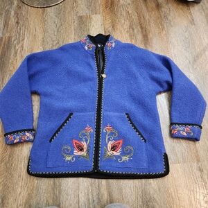 Icelandic Design Boiled Wool Embroidered Jacket Blue Floral Nordic XL